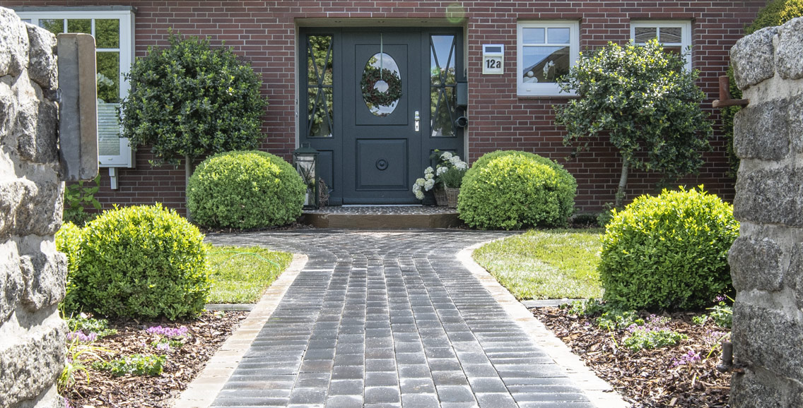 Pflasterarbeiten und Grünanlage: Begrünung und Weg im Vorgarten